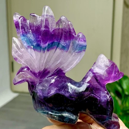 253G Rare purple-blue Fluorite Crystal Hand Carved fox Mineral polishing