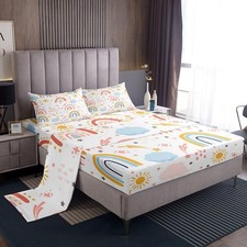 Rainbow Bed Sheets Full Size Sun and Stars Printed Set for Boys Teens Heat Cl...