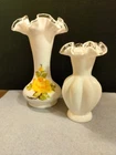Fenton Silver Crest Yellow Roses Milk Glass Vase,  Melon Vase, Lot Of 2