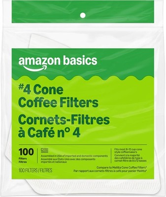 Number 4 Cone Coffee Filters for 8-12 Cup Coffee Makers, White, 100 Count