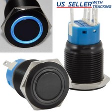19mm Stainless Steel Latching Push Button Switch Black with Blue LED 