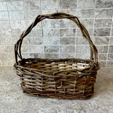 Vintage Brown Wicker Basket Handwoven Small Oval With Handle