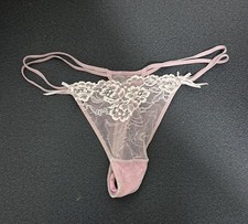 VTG Victoria  s Secret Sheer Pink Lace Satin Bow V String Thong Panties Medium M
