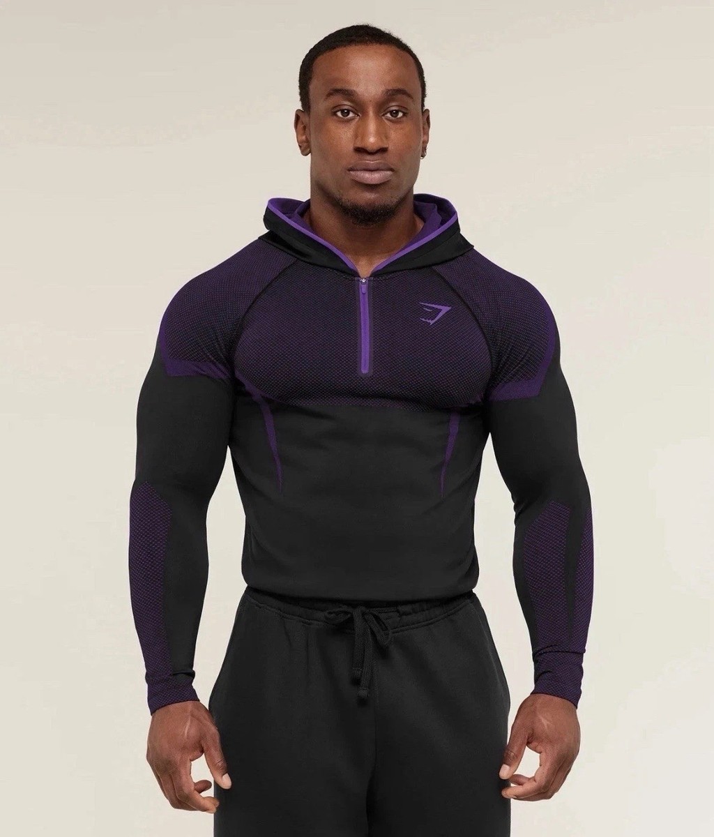 Gymshark Onyx 5.0 Seamless Muscle Fit Hooded 1/2 Zip Hoodie Black 