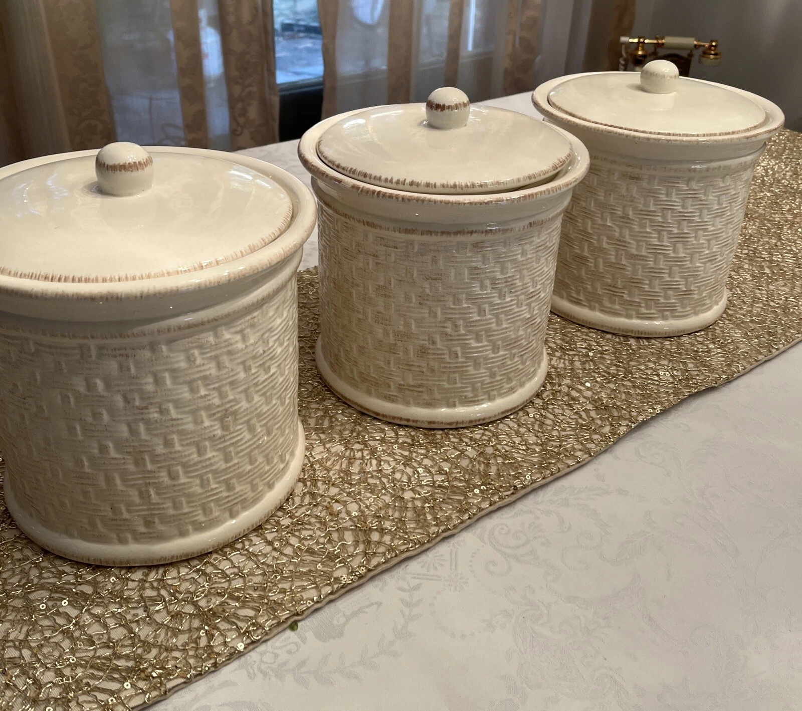 Design PAC Inc. LargeCanister Jar Lid Ivory Brown Basket Weave Design 5.5H X8.5W