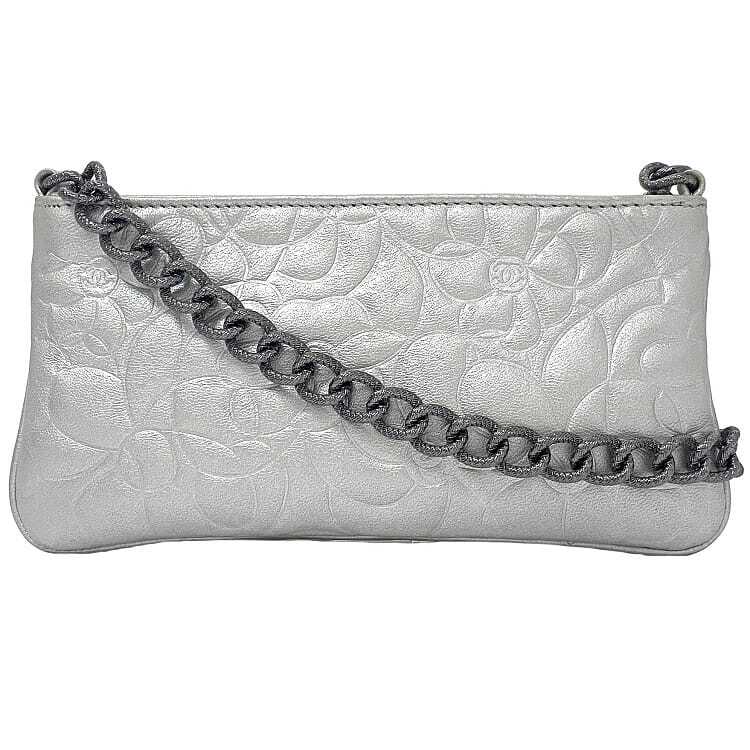 CHANEL Silver Camellia Leather Accessory Pouch Rare Vintage Pre-Owned