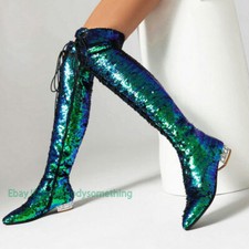 Women Glitter Sequins Pointed Toe Boots Block Heels Knee High Stage Party Shoes