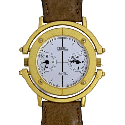Fossil Collection Dual Time GMT Vintage RARE Mens Watch Gold Original Strap 41mm