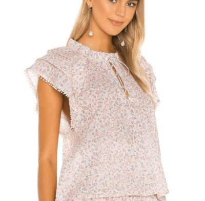 Cleobella Womens Floral Ruffle Neck Flutter Sleeve Cotton Blouse Pink Large NWT