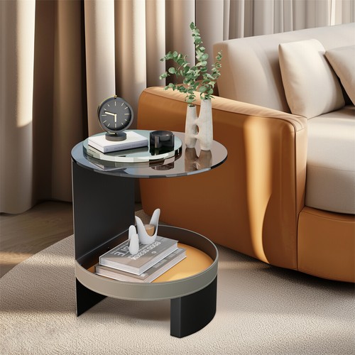 2 Tier C-Shaped End Table Accent Table with Glass Top & Microfiber Leather Shelf - Picture 4 of 20