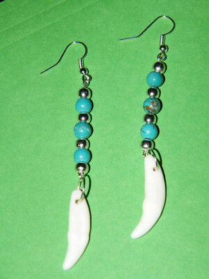 COYOTE TOOTH EARRINGS White Teeth 3.5'' Drop! Faux Turquoise BeadSilver Wires NEW
