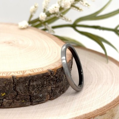 2mm Silver & Black Tungsten Carbide Ring Slim Brushed Polished Christmas Band