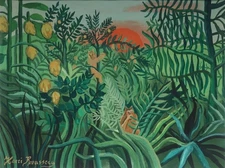 Rare fine unique jungle landscape painting, signed Henri Rousseau, w COA