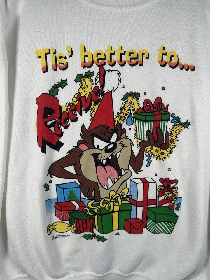 Suéter Vintage Looney Tunes Taz "Es Mejor Recibir" Navidad Cuello Redondo XL Foto 2 de 4