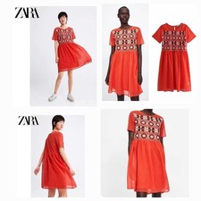 Zara Red Orange Embroidered Mesh Short Sleeve Babydoll Dress Womens Small