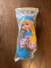 Vintage Christmas Elf Knee Hugger Japan Sitting Pink Blue Plastic Face New NOS