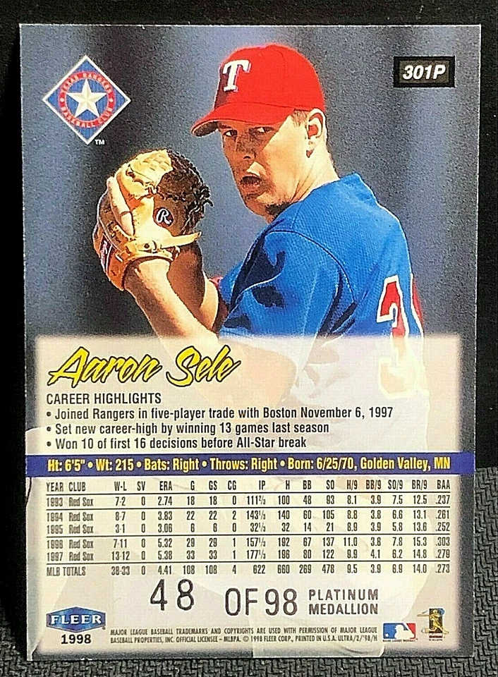 Aaron Sele 1998 Fleer Ultra Platinum Medallion Parallel SP #301P Rangers/98 Foto 2 de 2