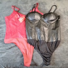 Guess Faux Leather Bodysuit Lot 2 Womens Size L Black Red Bodycon NWT