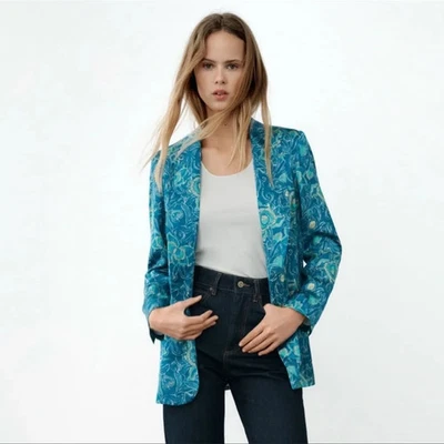 ZARA 7847/ 337 Teal Blue Paisley Floral Print Satin Blazer Jacket XS VGC - Image 1 of 4
