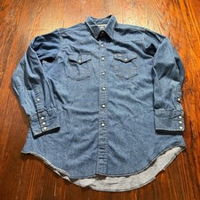 Vintage Wrangler Denim Shirt Mens 17.5-34 Blue Pearl Snap MADE IN USA Cowboy