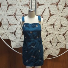 Cider Teal Corduroy Floral Embroidered Jumper Overall Dress Size S