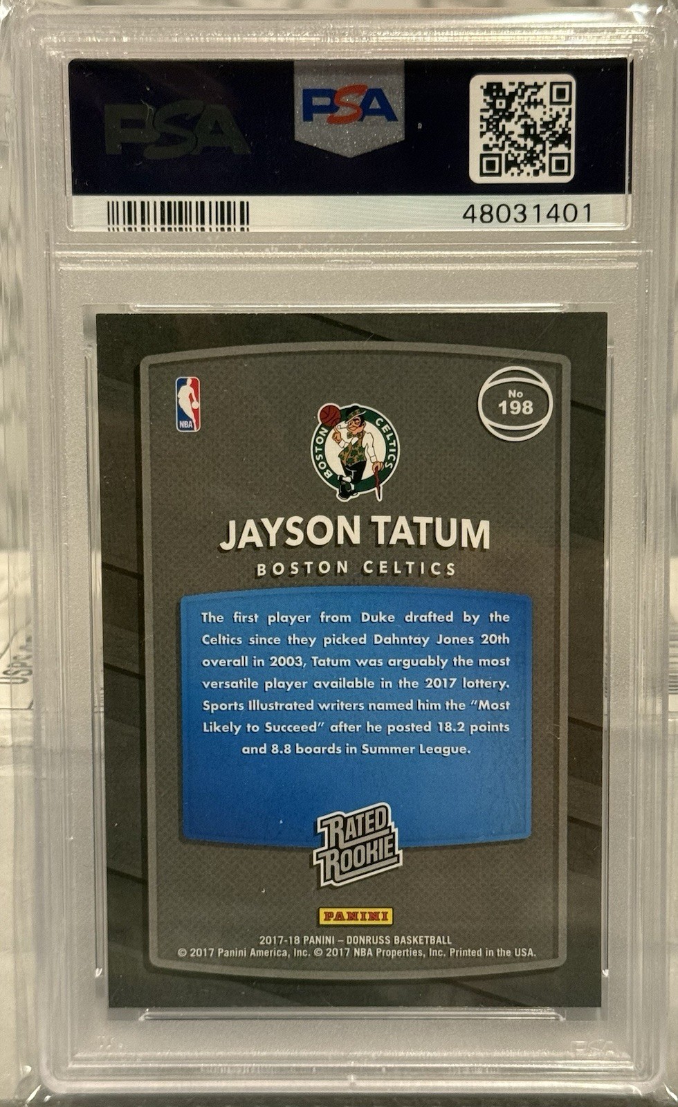 2017-18 Panini Donruss Rated Rookies Jayson Tatum #198 Bronze RC PSA 10 view 2