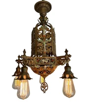 1920'S metal Spanish Revival,Gothic 5 light flush mount fixture