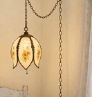 Swag Lamp Milk Glass Yellow Flowers 6 Panels Hanging Light Brass Hardware VTG