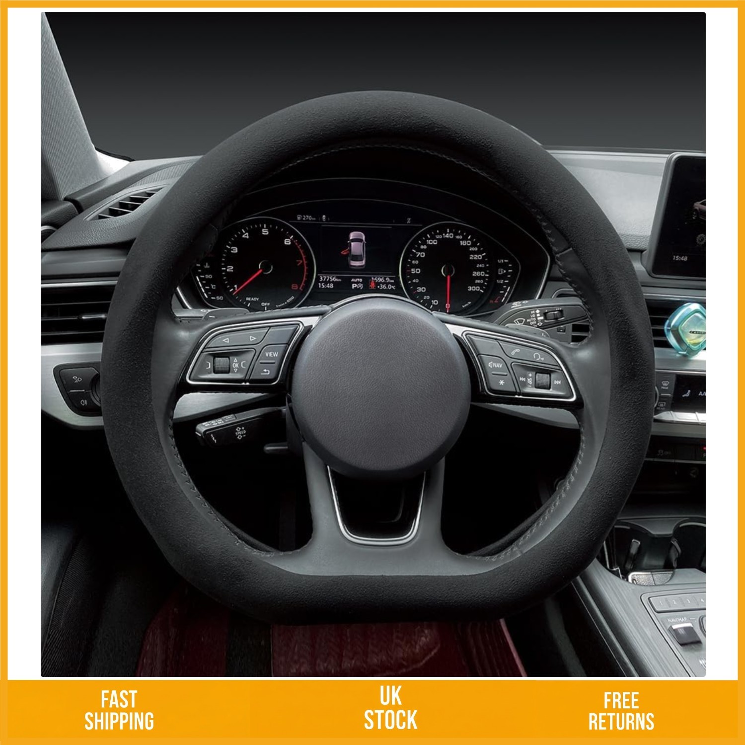 Suede Leather D-Shape Car Steering Wheel Cover Black 14.5-15 Inches