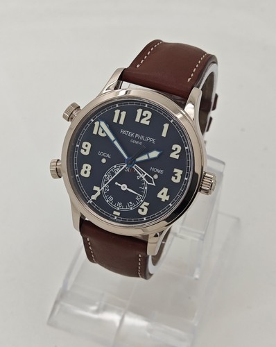 Patek Philippe Pilot Travel Time 18K White Gold Mens Blue Dial...