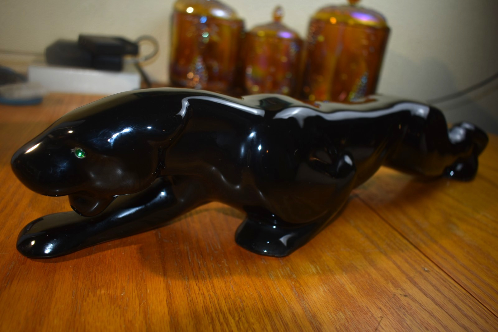 Vintage MCM EMERALD RHINESTONE EYES Black Ceramic Panther Figurine 20.5" thumbnail 4