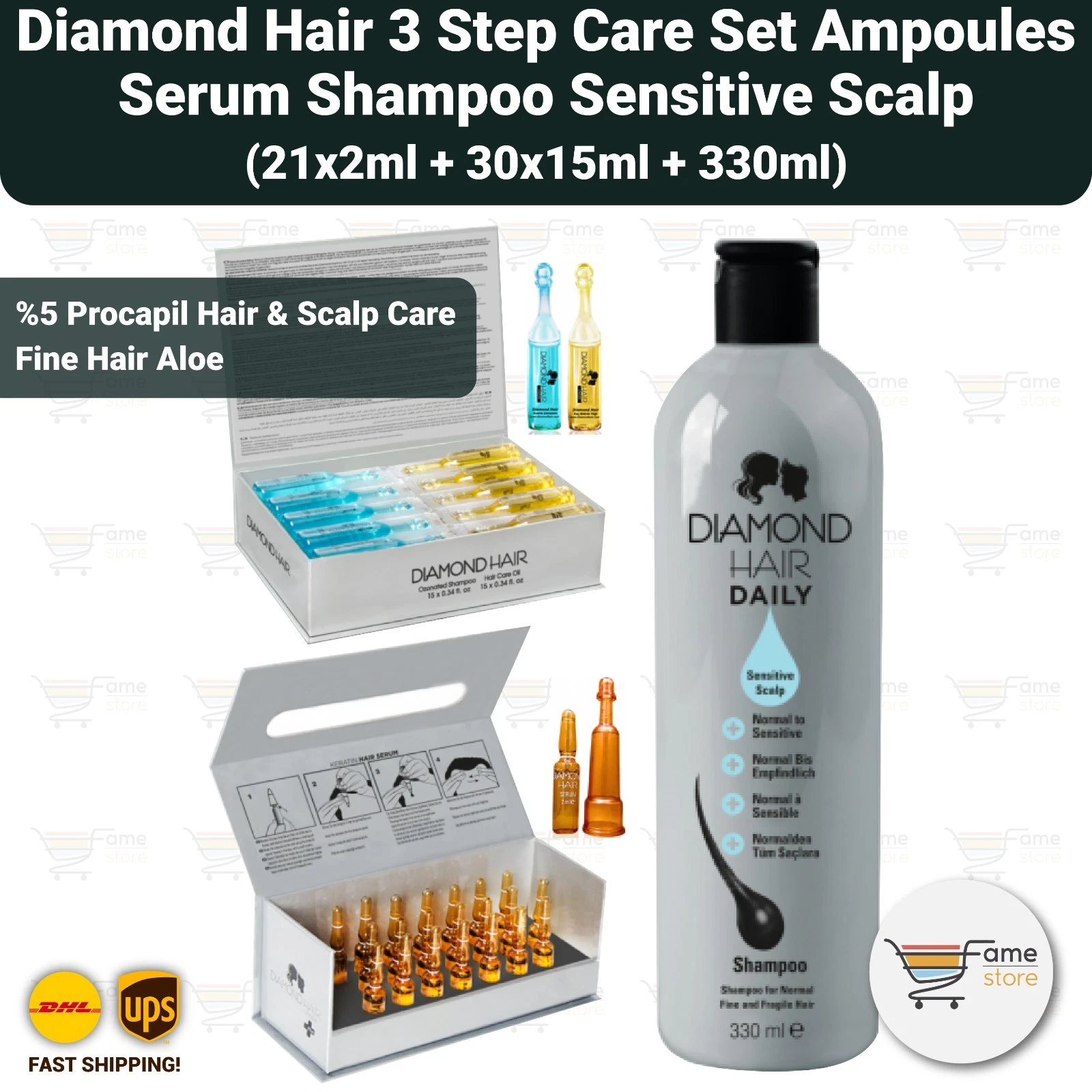Diamond Hair Anti Hair Loss Step Care Set Ampoules Serum Shampoo Sensitive Scalp
