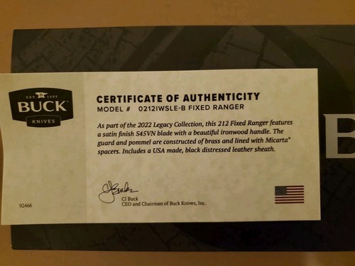 BUCK KNIFE 212 FIXED RANGER 2022 LIMITED EDITION IRONWOOD HANDLE BOS S45VN @