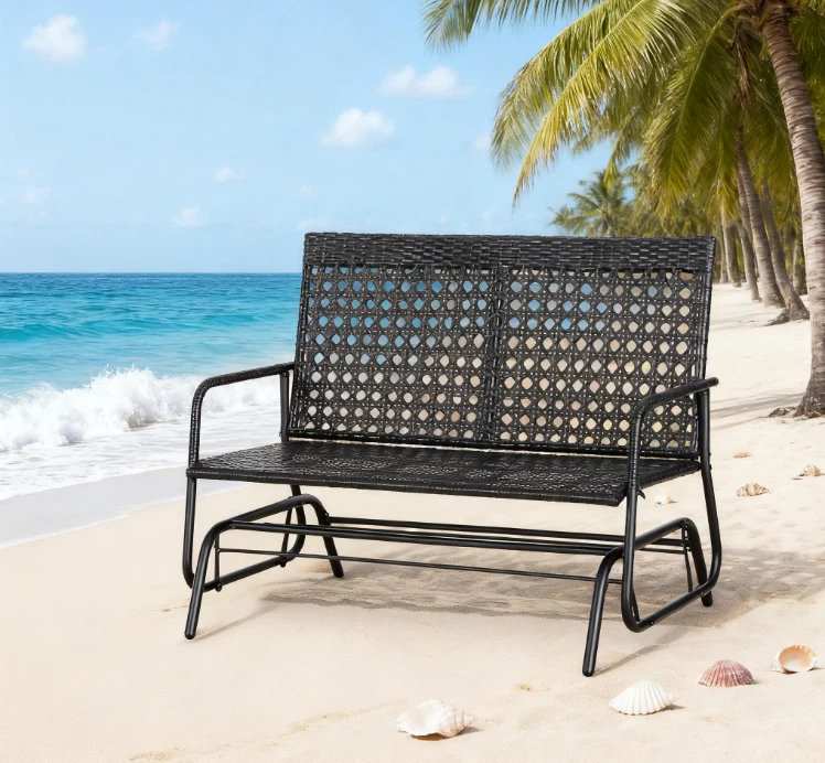 Mecedora de banco planeador de mimbre para patio, sofá de ratán tejido a mano para exteriores Foto 3 de 4