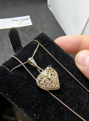 Sterling Silver 925 Puffy Intricate 3D Open Heart Pendant Necklace w/Chain Rare - Picture 4 of 7
