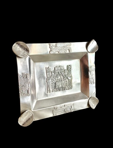 Antique Peruvian Solid Silver Ashtray Viracohca Inca Mayan Motifs Coin Peru