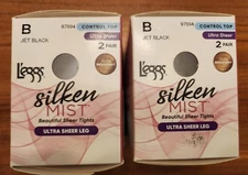 Leggs Silken Mist 4 PAIR JET BLACK B Control Top Ultra Sheer Leg Tights 97694