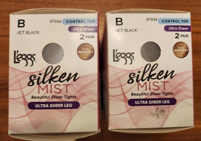 Leggs Silken Mist 4 PAIR JET BLACK B Control Top Ultra Sheer Leg Tights 97694