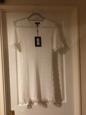 NEW White Semi Sheer Knit Raw Edge Mini Dress Size L By PRETTYLITTLETHING