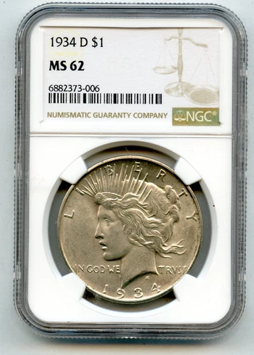 1934-D Peace $1 Silver Dollar NGC MS 62