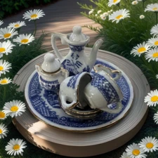 Miniature Blue Willow Tea Set w/Tray Blue & White Porcelain Gold Trim 10 Pc VTG