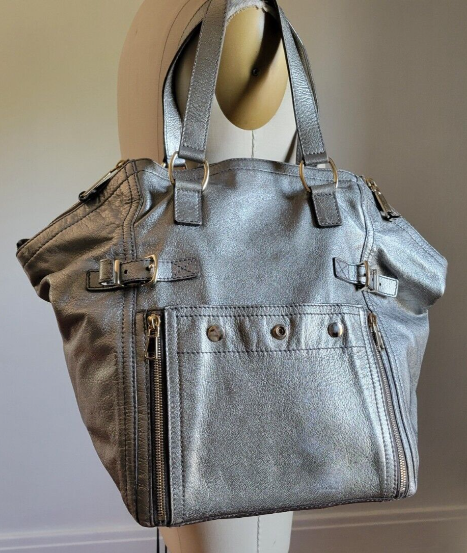 AUTENTICA BORSA YVES SAINT LAURENT Rive Gauche ARGENTO METALLIZZATO VERA PELLE