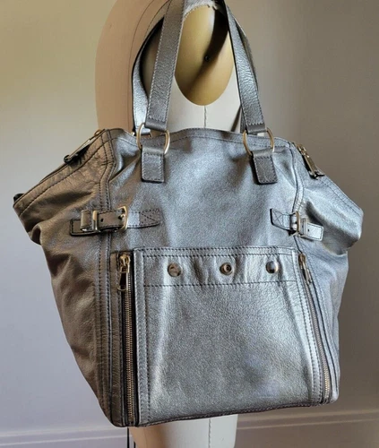 AUTHENTIC YVES SAINT LAURENT Rive Gauche SILVER METALLIC GENUINE LEATHER BAG