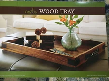 NIB Rustic Wooden Serving Tray with LeatherHandles, Metal Accents On Corners