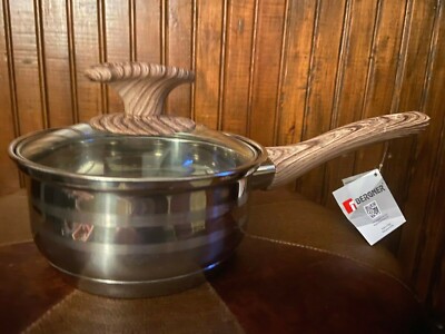 NWT BERGNER SAUCEPAN W/ GLASS LID STAINLESS STEEL W/LID .8 QT. WOODEN HANDLE 