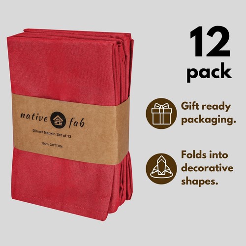 Cloth Napkin Set 100% Cotton Washable Reusable Dinner Napkin Red 17x17 12PCS - Picture 3 of 6