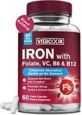 Iron Supplement for Women & Men, Iron Bisglycinate with Vitamin C, B6, B12, Fola