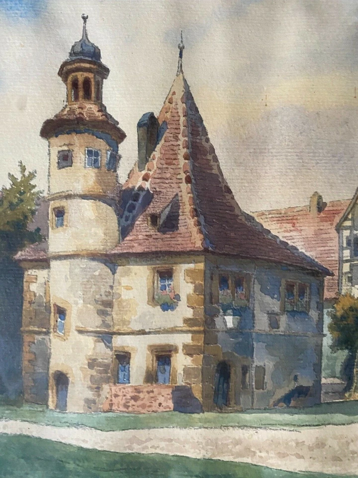 ::AQUARELL BURG SCHLOSS RENAISSANCE RATHAUS °ROTHENBURG O. TAUBER RAHMEN ANTIK - Bild 3 von 4