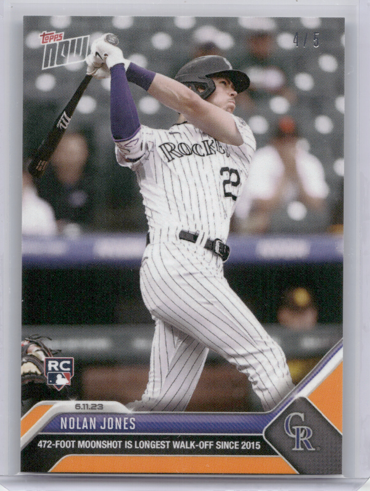 🟧 NOLAN JONES Rookie ORANGE Parallel 4/5 Rockies Walk-Off 2023 Topps #428 RC 📈