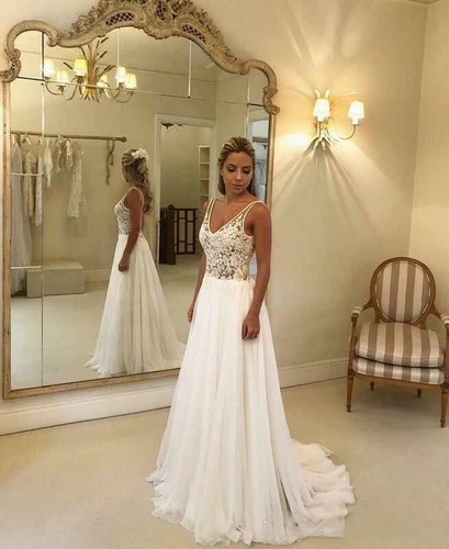 Bridal gown, backless A-line lace applique chiffon wedding dress, birthday gown - Picture 4 of 14